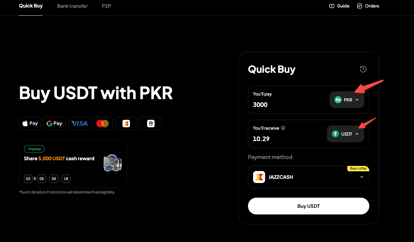 选择“PKR”作为法定货币，并选择“USDT”作为要购买的加密货币