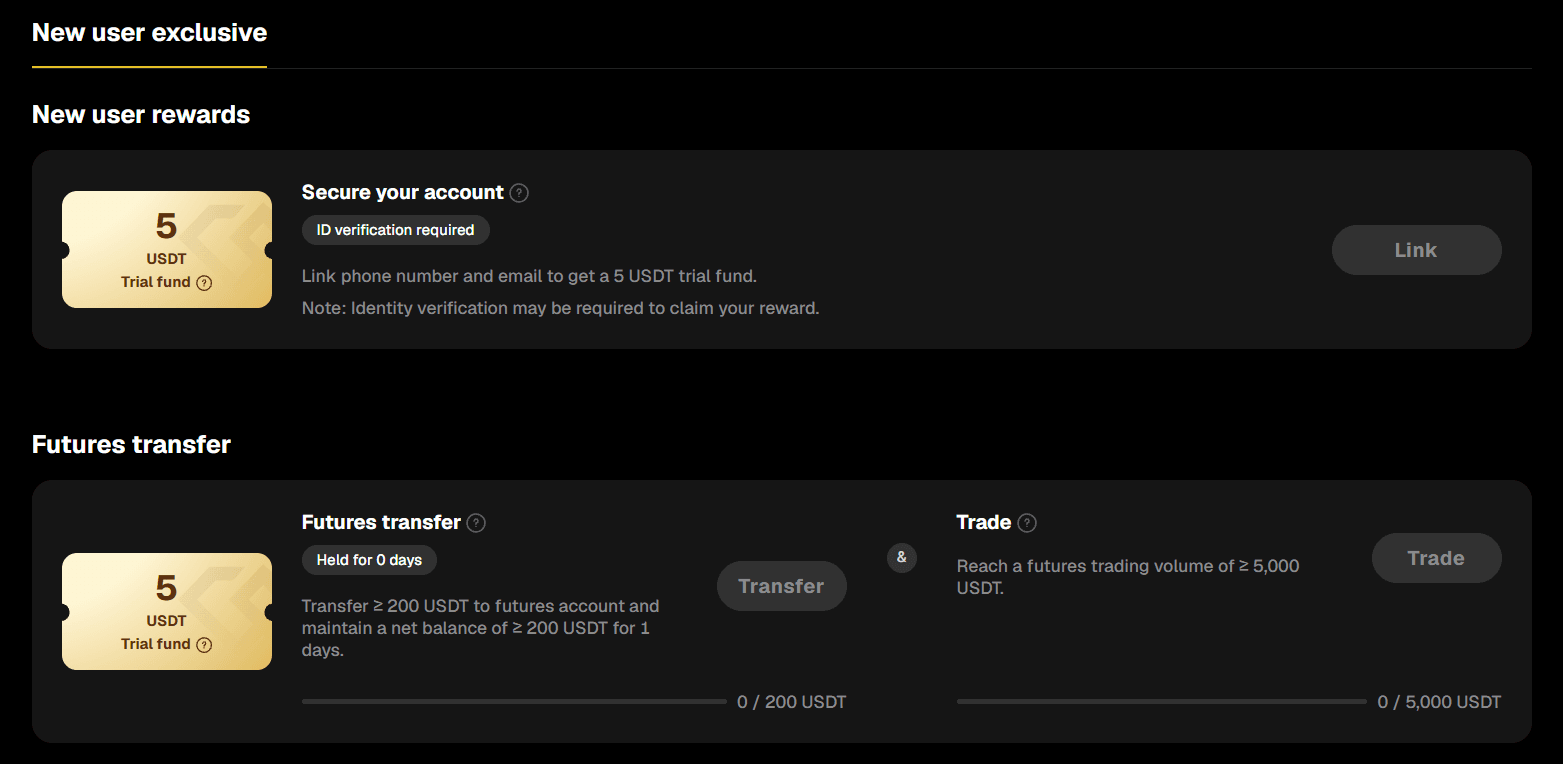 WEEX Welcome Rewards task cards showing sign-up and conditional rewards
